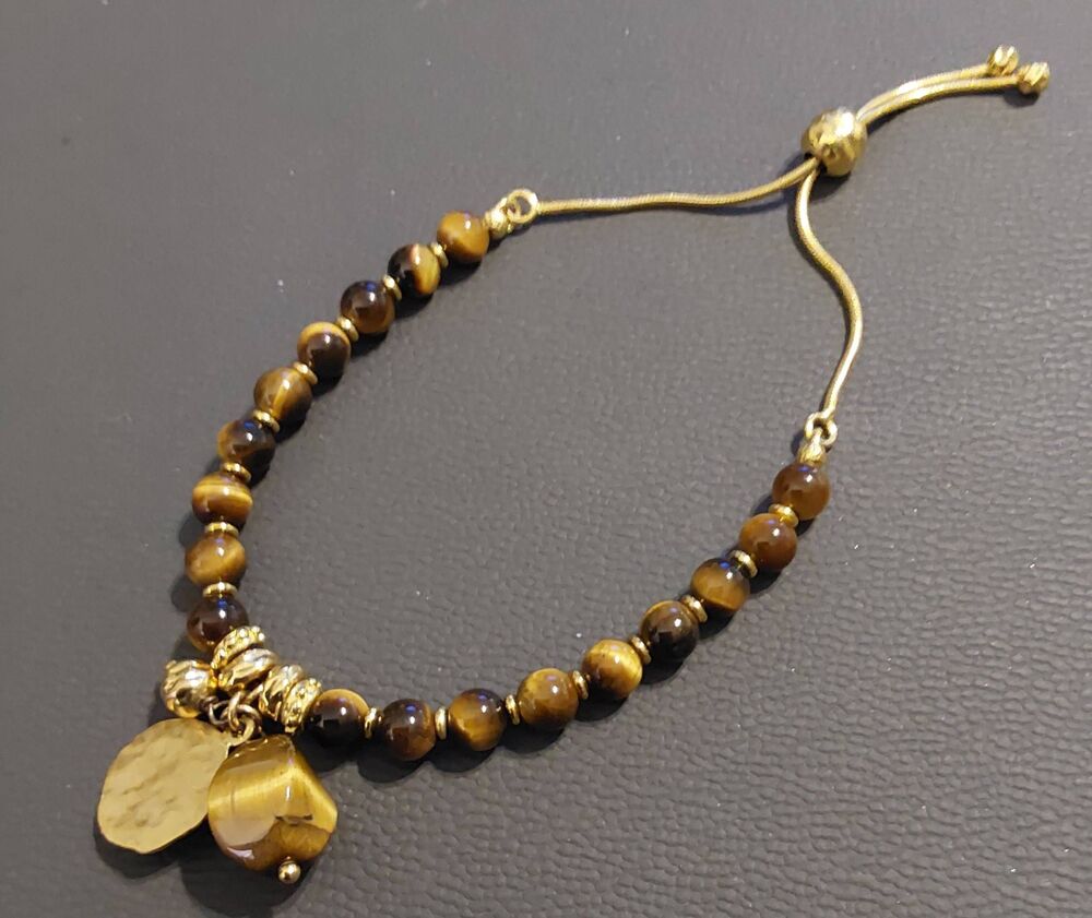 Genuine Tiger Eye Gemstone with Charms Bolo Bracelet~18K YGP